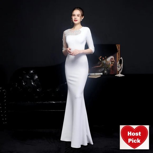 White Evening Gown Lace & Crystal Half Trumpet Dress Floor Length Formal Dress - Picture 1 of 6